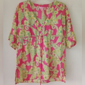 Lilly Pulitzer Top XS Green Pink Seahorse Floral Print‎ Babydoll Resort Cruise